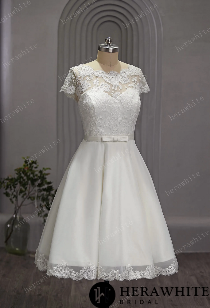 
                      
                        Short Tulle Knee Length Wedding Dress with Cap Sleeve
                      
                    