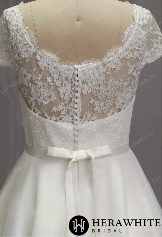 Short Tulle Knee Length Wedding Dress with Cap Sleeve