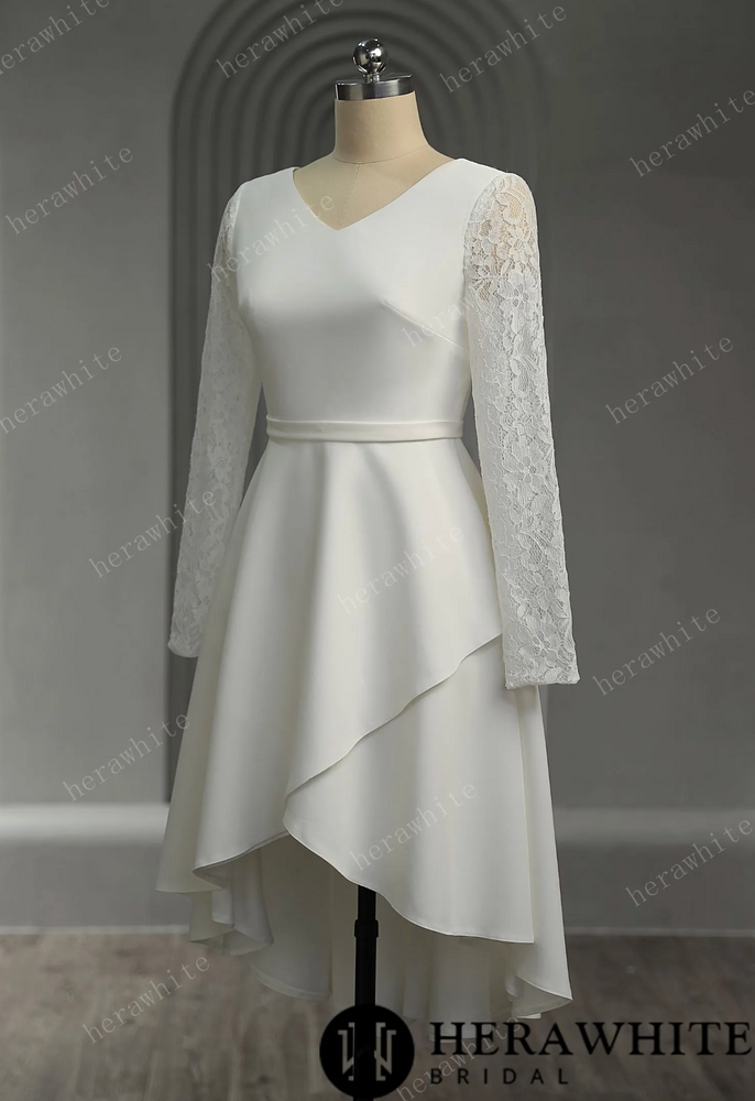 
                      
                        Elegant Crepe Lace Detail Short Wedding Dress
                      
                    