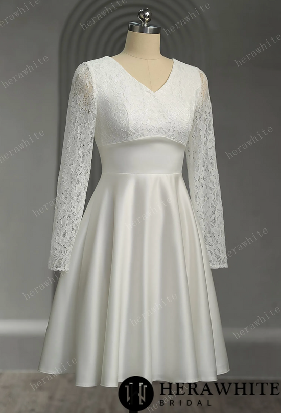 Classic V Neck Lace Short Wedding Dress