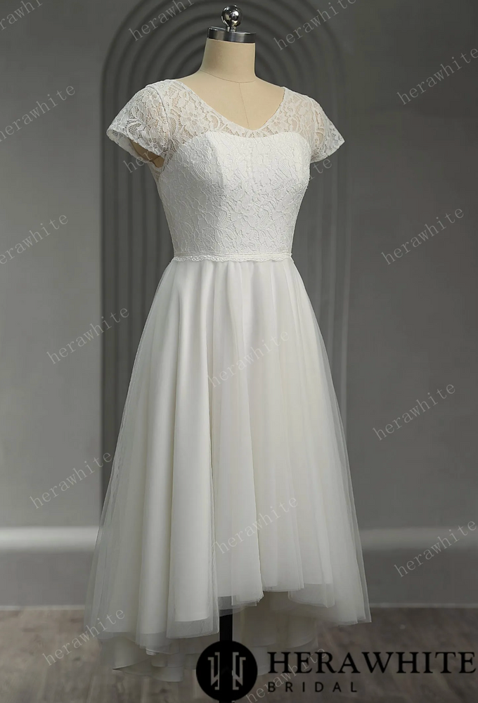 Classic V-neck Floral Lace Tulle Short Wedding Dress