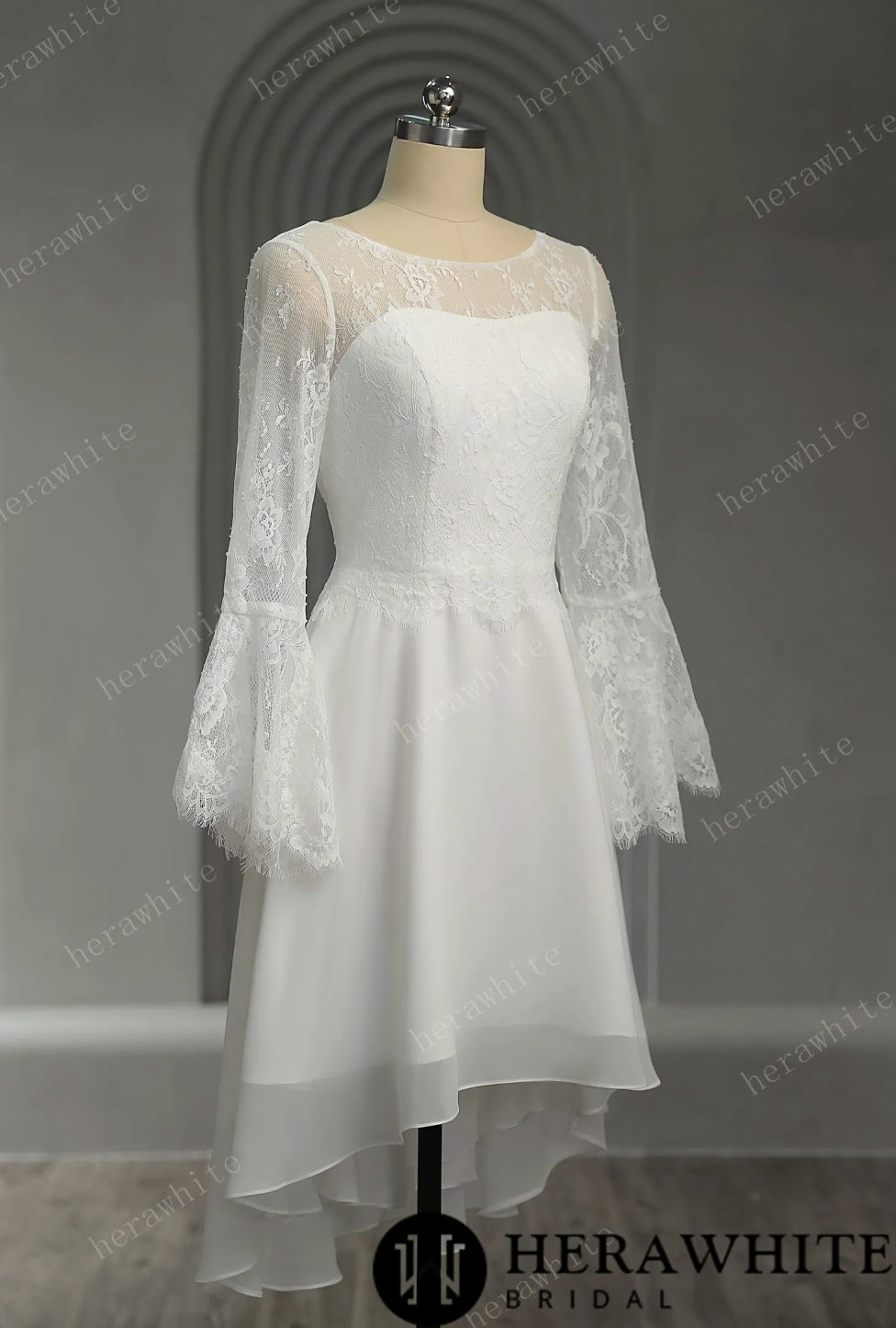 Illusion Trumpet Long Sleeve Chiffon Short Wedding Dress