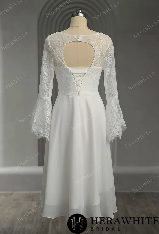 Illusion Trumpet Long Sleeve Chiffon Short Wedding Dress