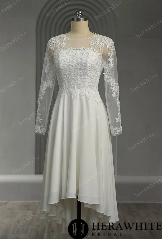 Illusion Lace Long Sleeves Tulle Short Wedding Dress