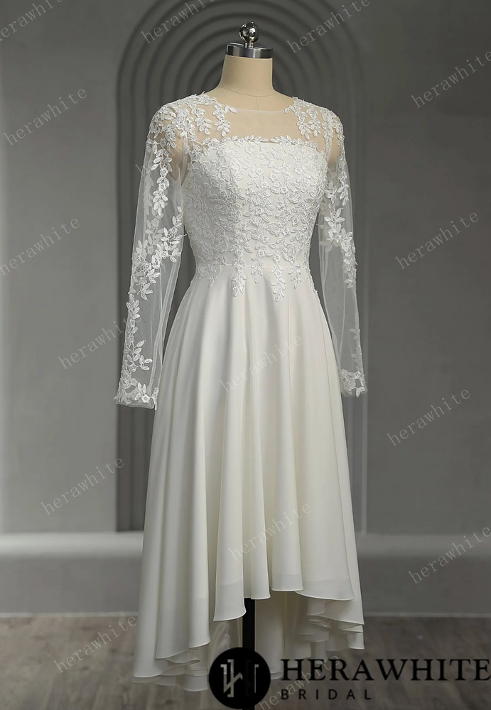 
                      
                        Illusion Lace Long Sleeves Tulle Short Wedding Dress
                      
                    