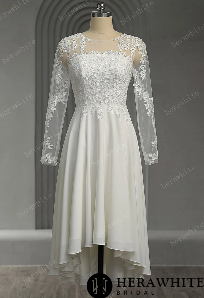 
                      
                        Illusion Lace Long Sleeves Tulle Short Wedding Dress
                      
                    