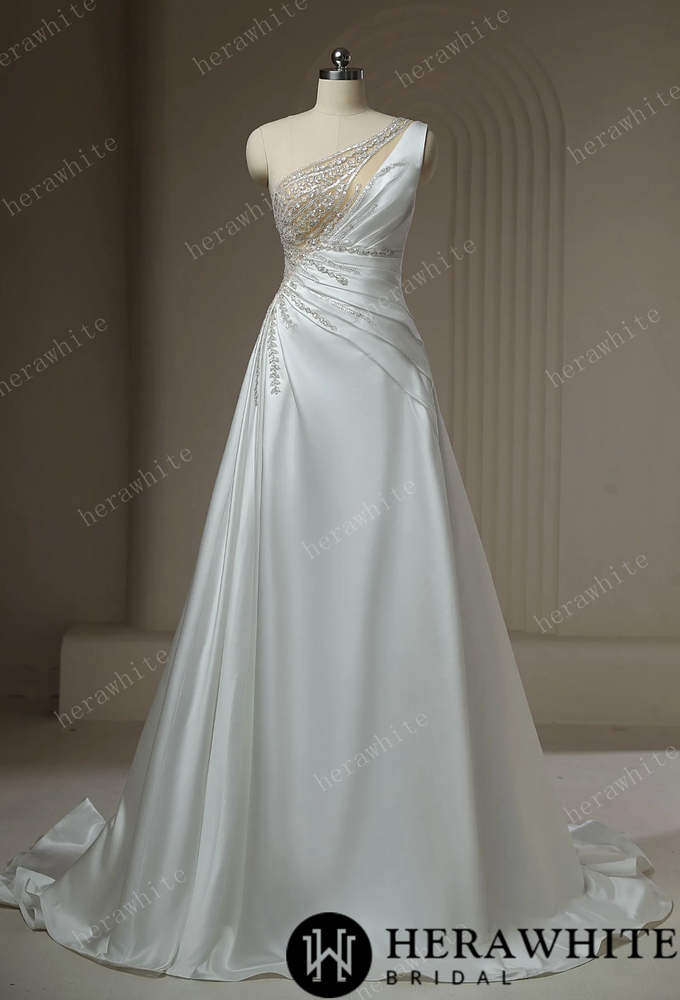 Beaded Rhinestone With Draped Illusion Back Wedding Dress