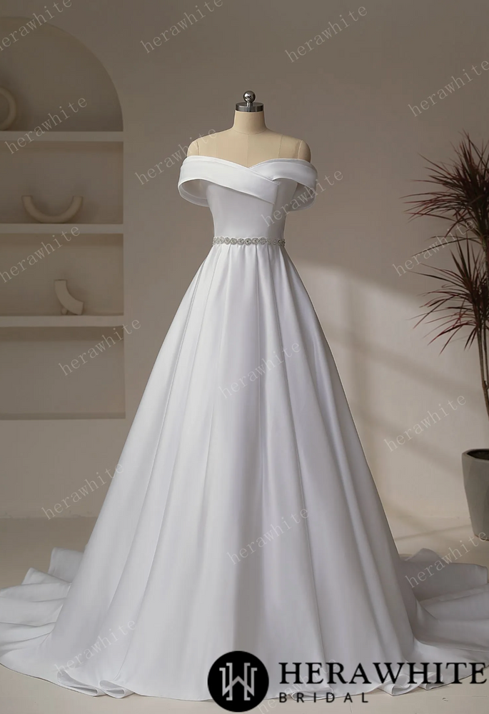 Exquisite Off-Shoulder Satin Wedding Dress with Crystal Waistband