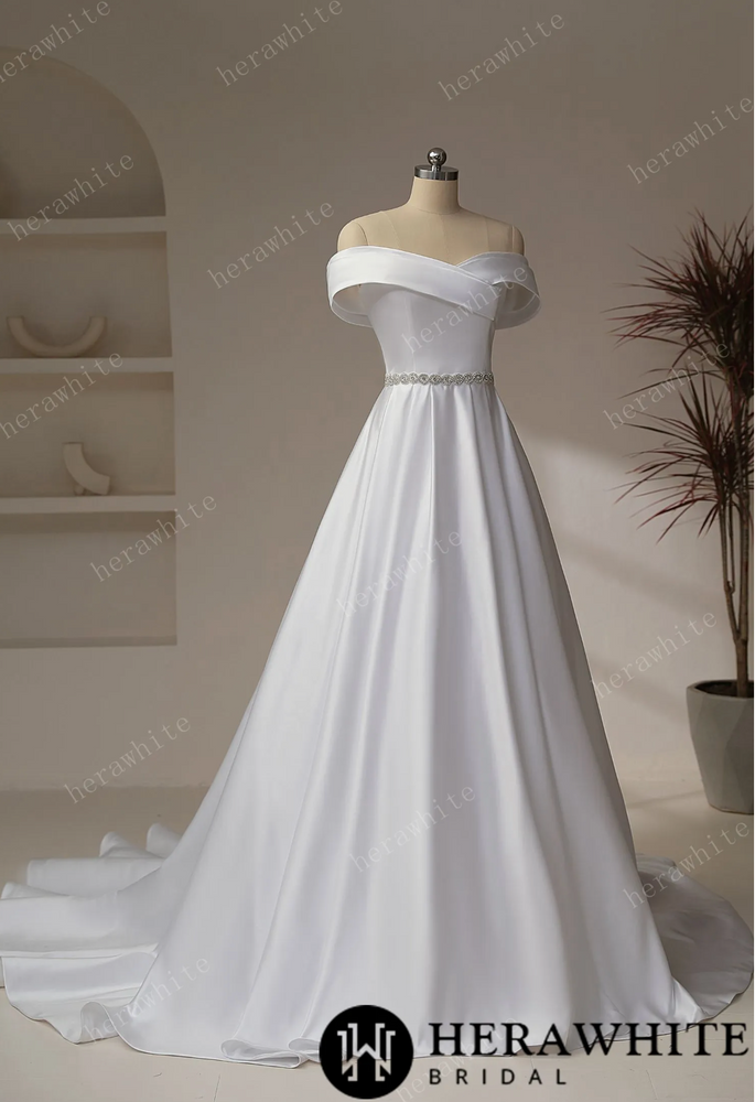 Exquisite Off-Shoulder Satin Wedding Dress with Crystal Waistband