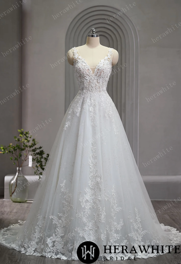 Sparkling V-Neck Lace Straps A-Line Bridal Gown