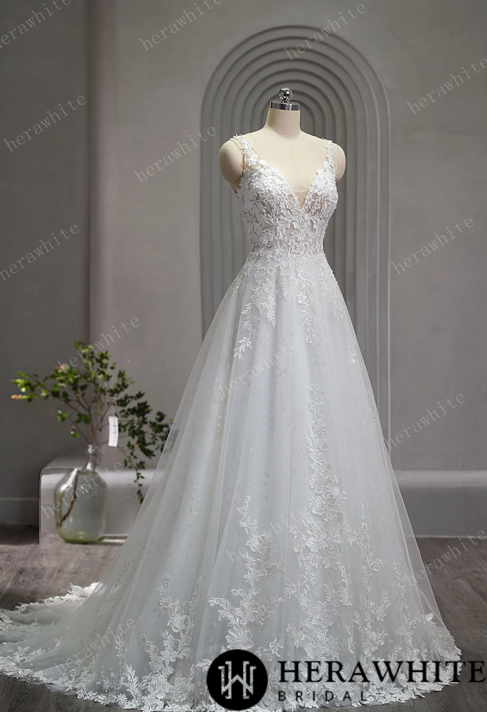 Sparkling V-Neck Lace Straps A-Line Bridal Gown