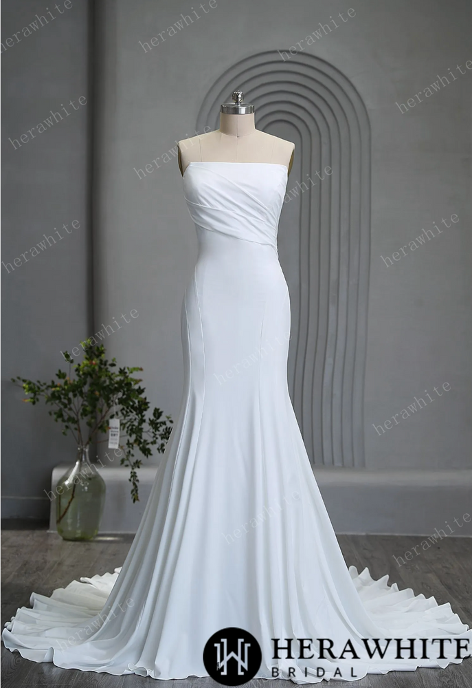 Graceful Strapless Pleated Crepe Wedding Gown