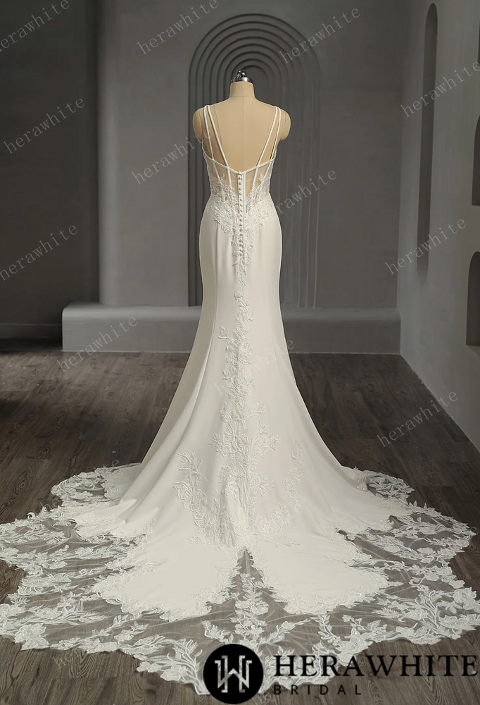 Crepe Fit and Flare Wedding Dress with Open Illusion Back