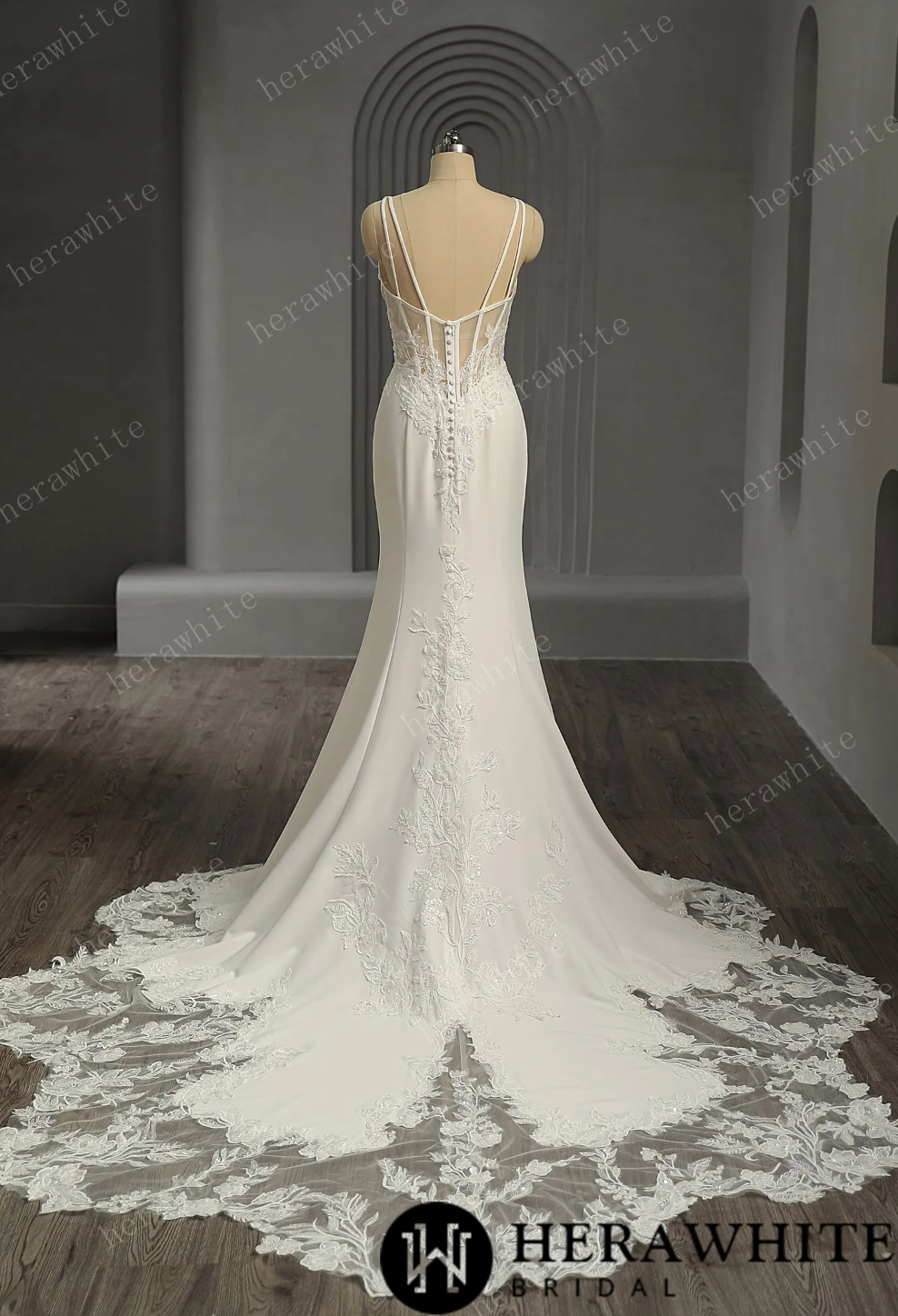 Crepe Fit and Flare Wedding Dress with Open Illusion Back