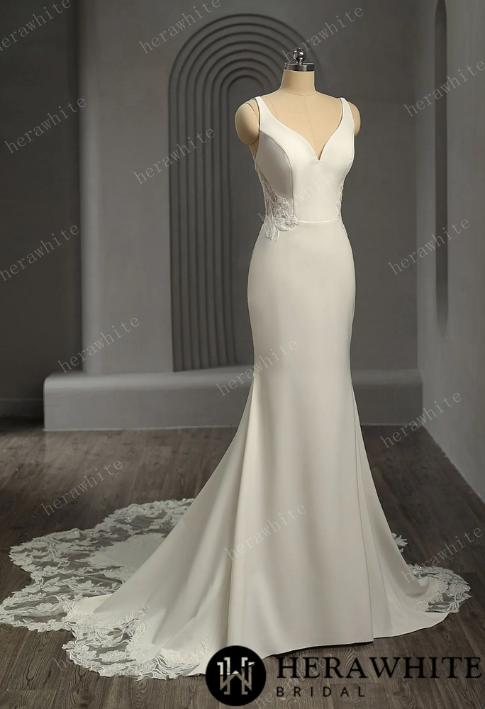 
                      
                        Crepe Fit and Flare Wedding Dress with Open Illusion Back
                      
                    