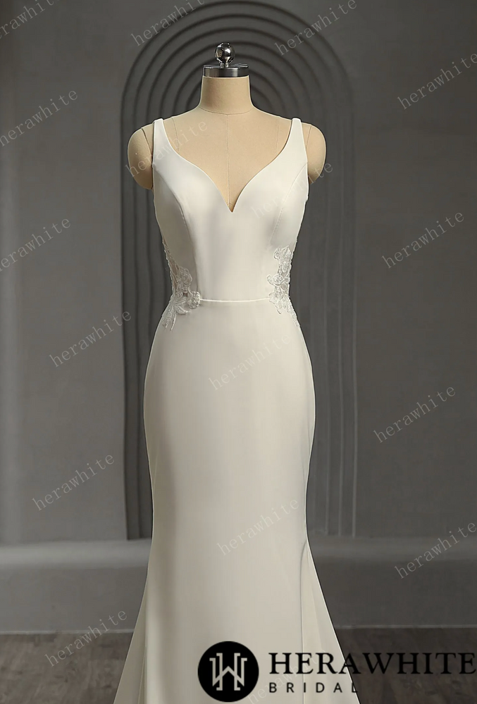 
                      
                        Crepe Fit and Flare Wedding Dress with Open Illusion Back
                      
                    