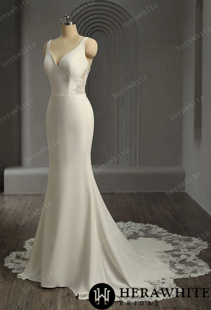 
                      
                        Crepe Fit and Flare Wedding Dress with Open Illusion Back
                      
                    