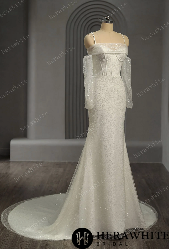 Shiny Beaded Luxury Off-the-Shoulder Wedding Dress With Detachable Sleeves