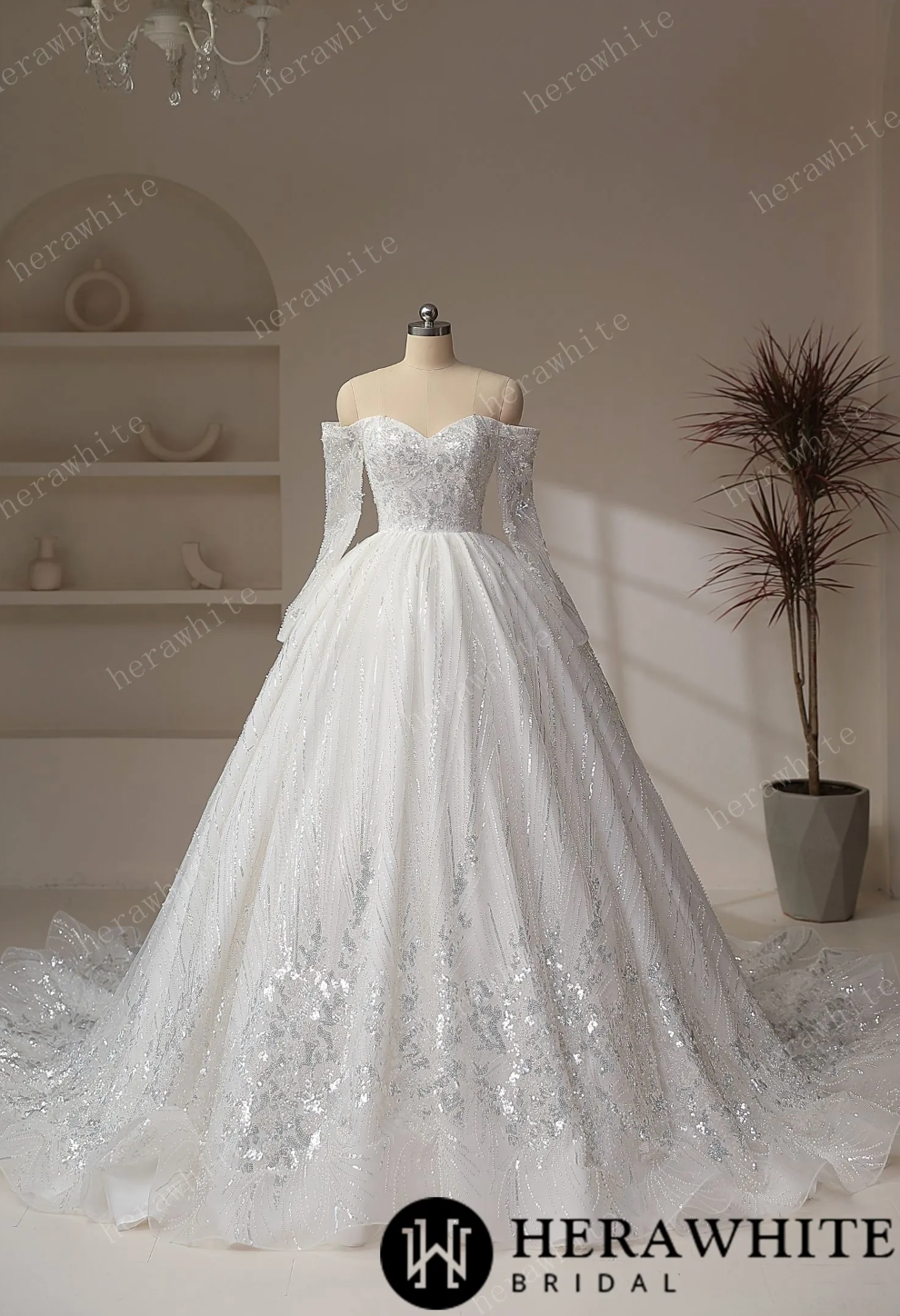 Luxury Beaded Shiny Lace Court Train Princess Wedding Gown