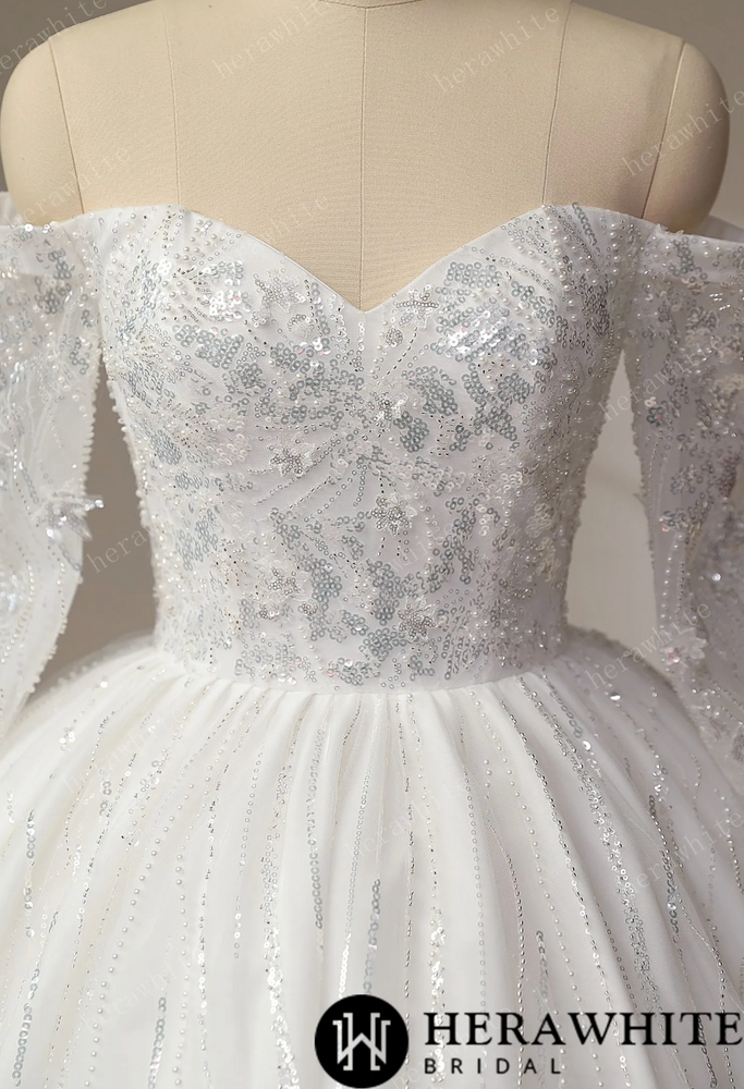 Luxury Beaded Shiny Lace Court Train Princess Wedding Gown