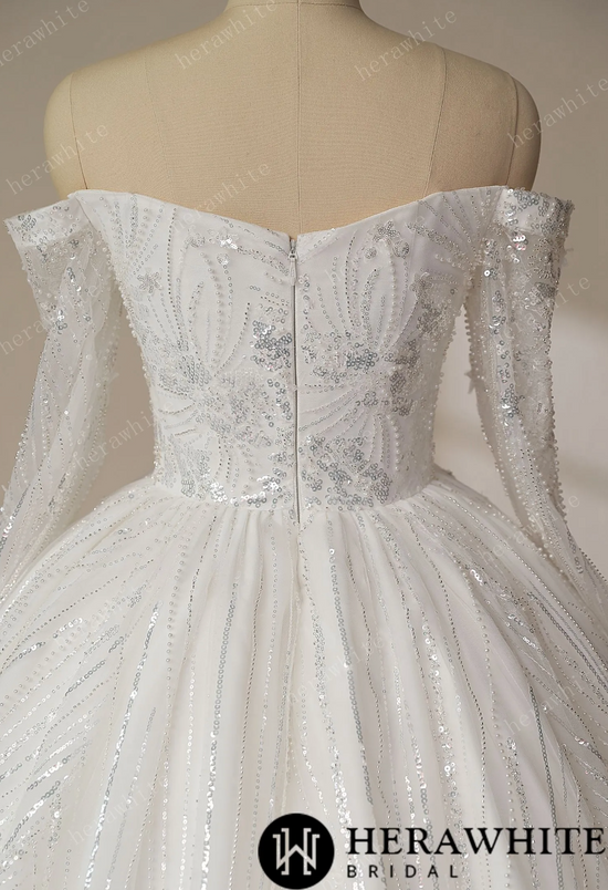 Luxury Beaded Shiny Lace Court Train Princess Wedding Gown