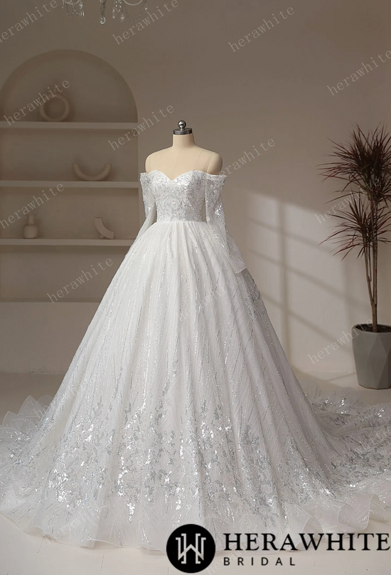 Luxury Beaded Shiny Lace Court Train Princess Wedding Gown