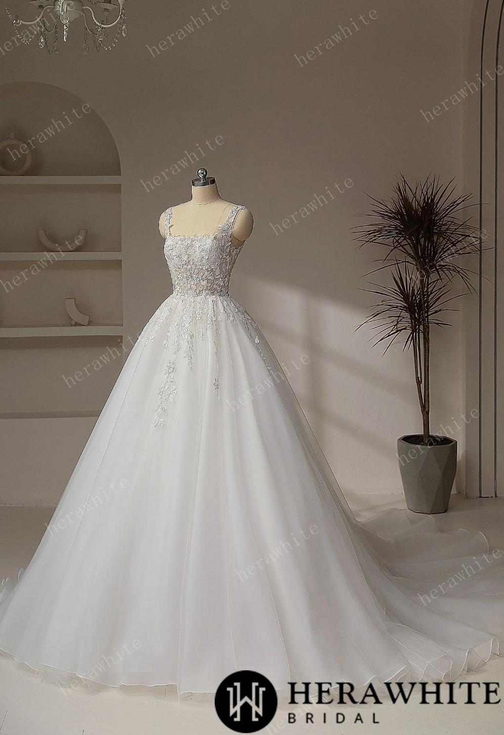 Romantic Square Collar Zipper Ball Gown Wedding Dresses