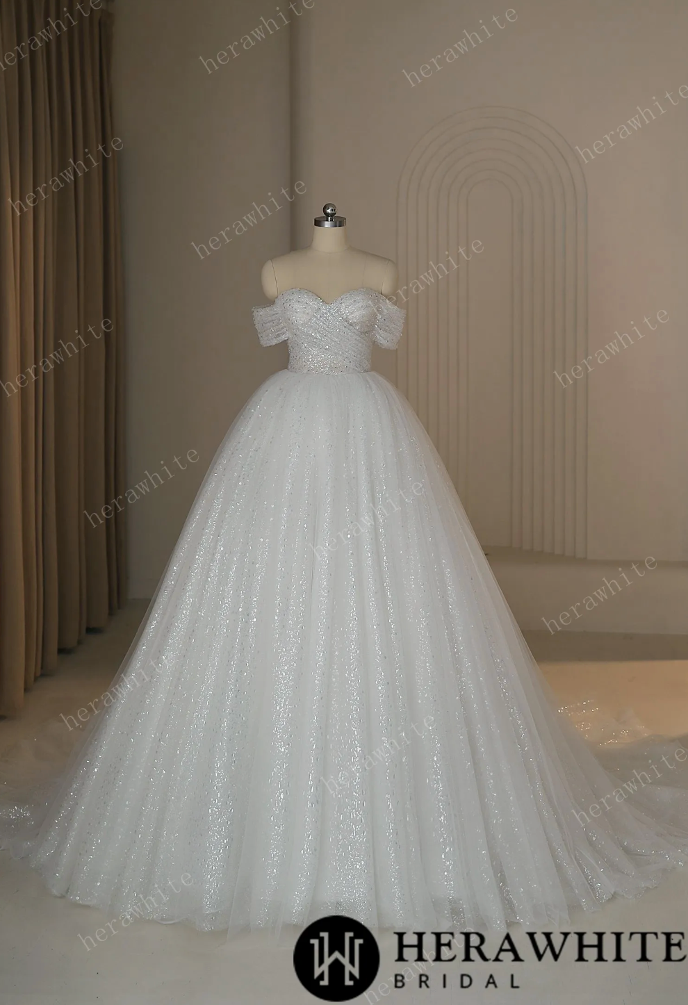 Shiny Crystal Off The Shoulder Ball Gown Wedding Dress