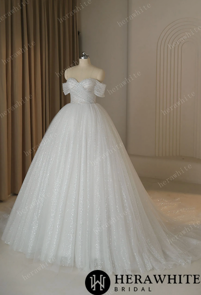 Shiny Crystal Off The Shoulder Ball Gown Wedding Dress