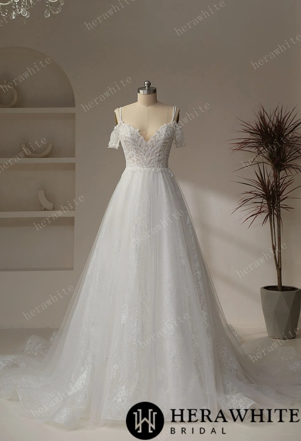 Beaded leaf lace Illusion Bodice With V-neckline Wedding Gown