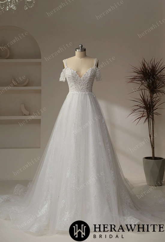 Beaded leaf lace Illusion Bodice With V-neckline Wedding Gown