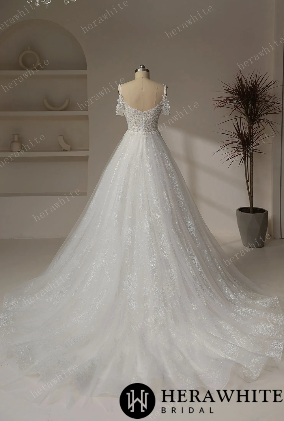 Beaded leaf lace Illusion Bodice With V-neckline Wedding Gown