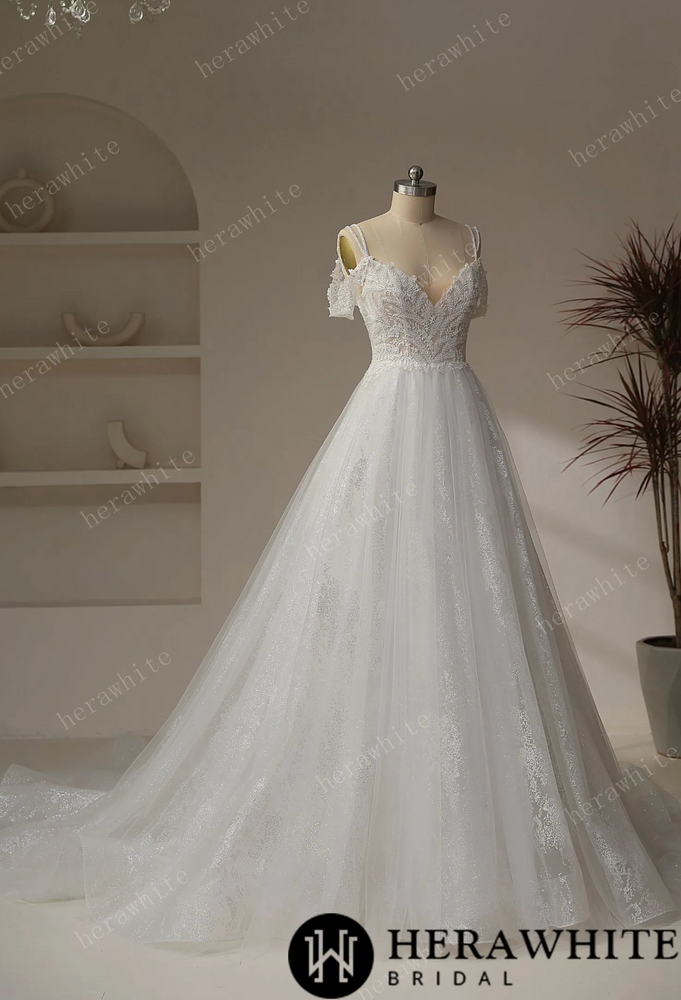 
                      
                        Beaded leaf lace Illusion Bodice With V-neckline Wedding Gown
                      
                    