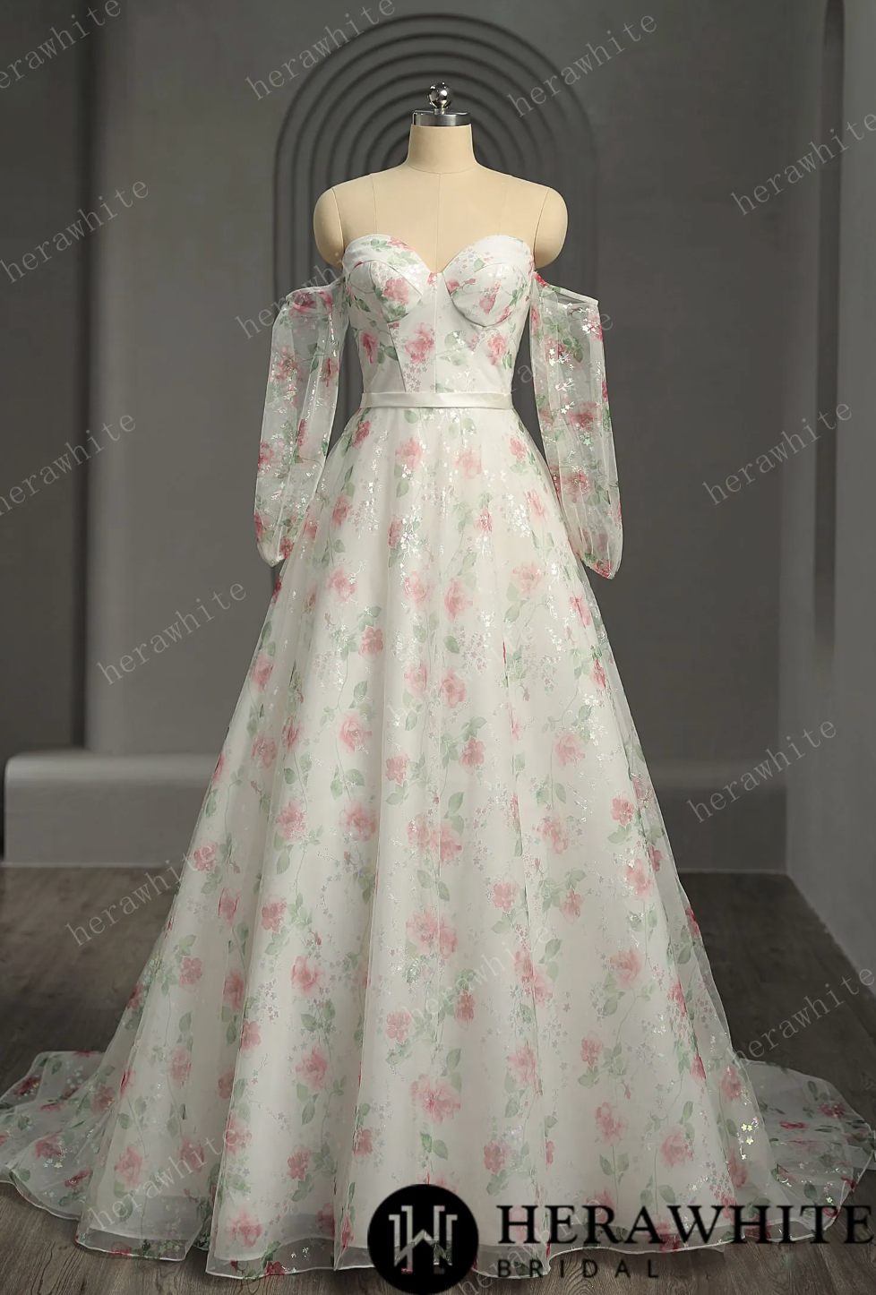 Romantic Print Sweetheart Neckline Wedding Dress With Detachable Sleeve