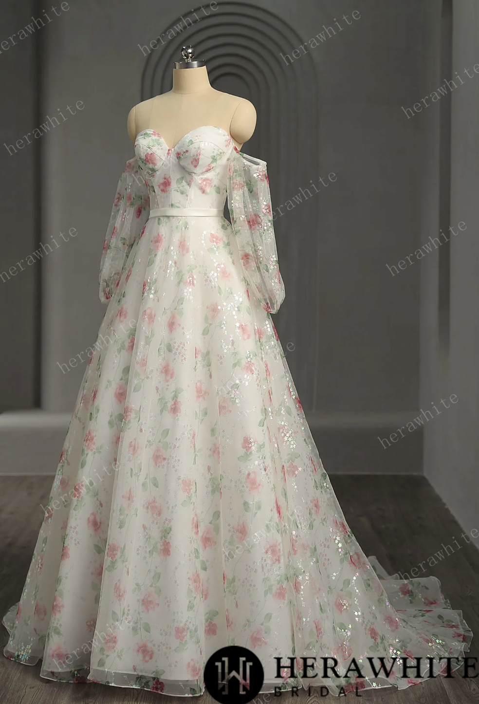 Romantic Print Sweetheart Neckline Wedding Dress With Detachable Sleeve