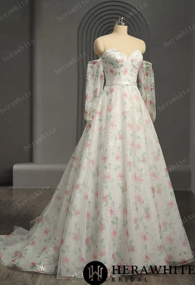 
                      
                        Romantic Print Sweetheart Neckline Wedding Dress With Detachable Sleeve
                      
                    