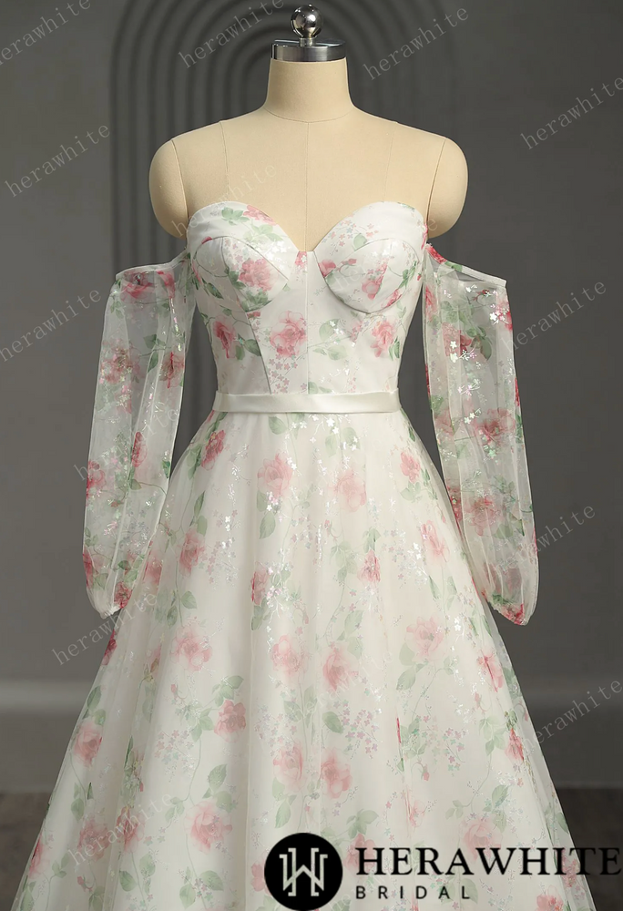 
                      
                        Romantic Print Sweetheart Neckline Wedding Dress With Detachable Sleeve
                      
                    