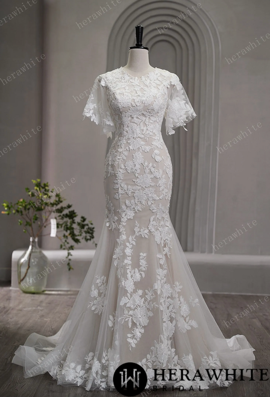High Neck Floral Lace Bridal Gown with Flutter Sleeves