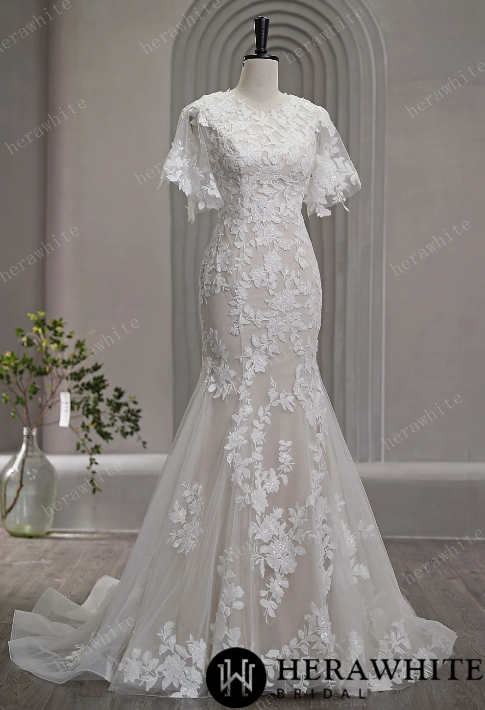 High Neck Floral Lace Bridal Gown with Flutter Sleeves