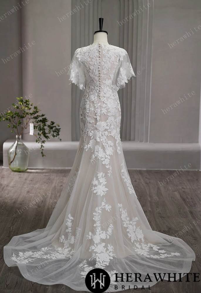 
                      
                        High Neck Floral Lace Bridal Gown with Flutter Sleeves
                      
                    