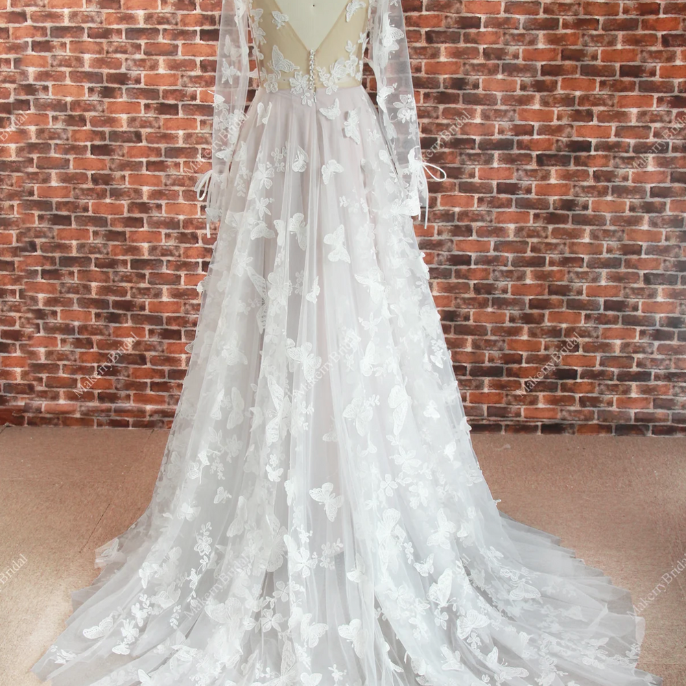 
                      
                        Romantic Boho Lace Butterfly Pattern Wedding Dress With Long Sleeves
                      
                    