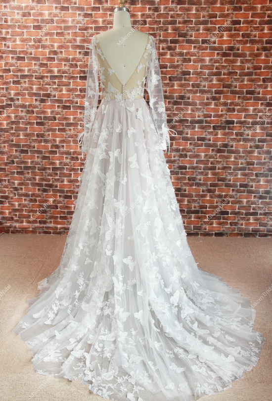 Romantic Boho Lace Butterfly Pattern Wedding Dress With Long Sleeves