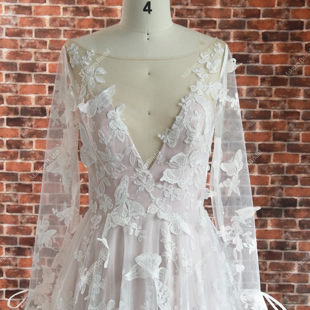 
                      
                        Romantic Boho Lace Butterfly Pattern Wedding Dress With Long Sleeves
                      
                    