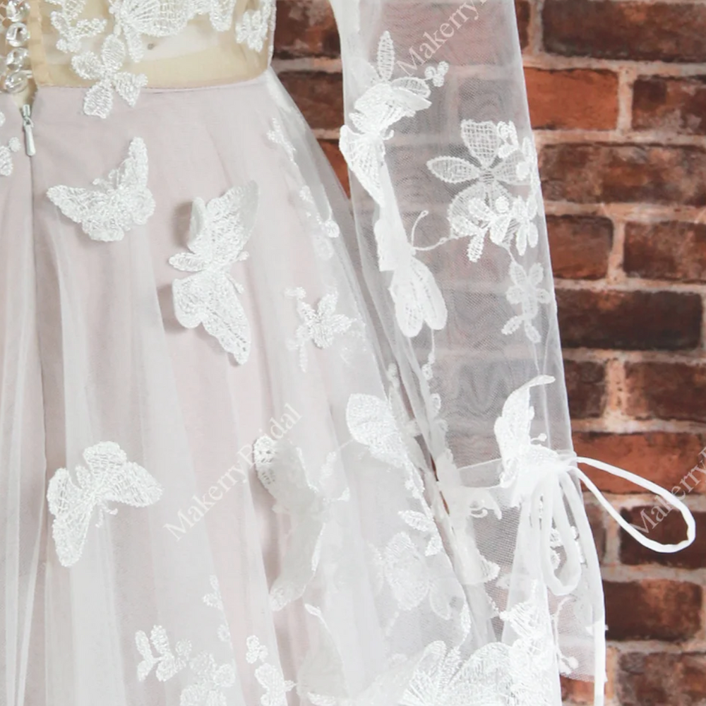 
                      
                        Romantic Boho Lace Butterfly Pattern Wedding Dress With Long Sleeves
                      
                    