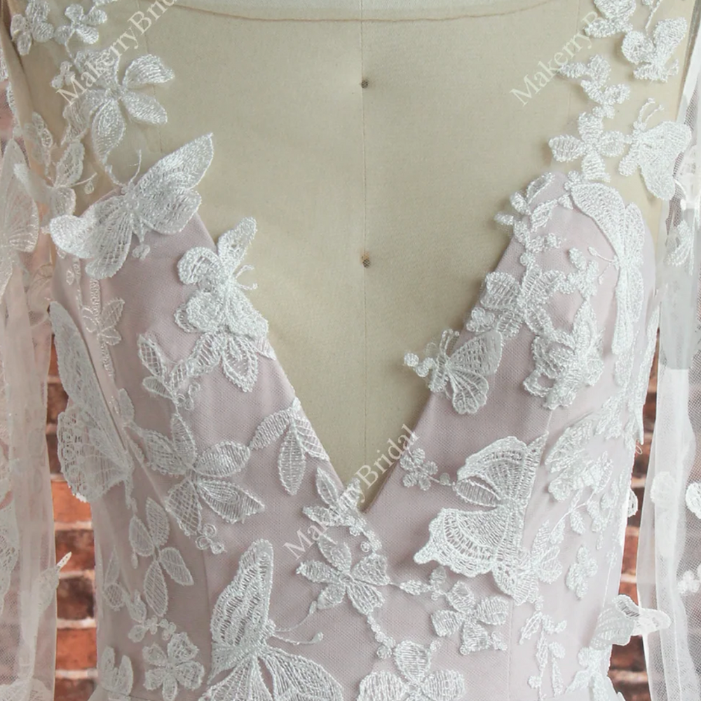 
                      
                        Romantic Boho Lace Butterfly Pattern Wedding Dress With Long Sleeves
                      
                    