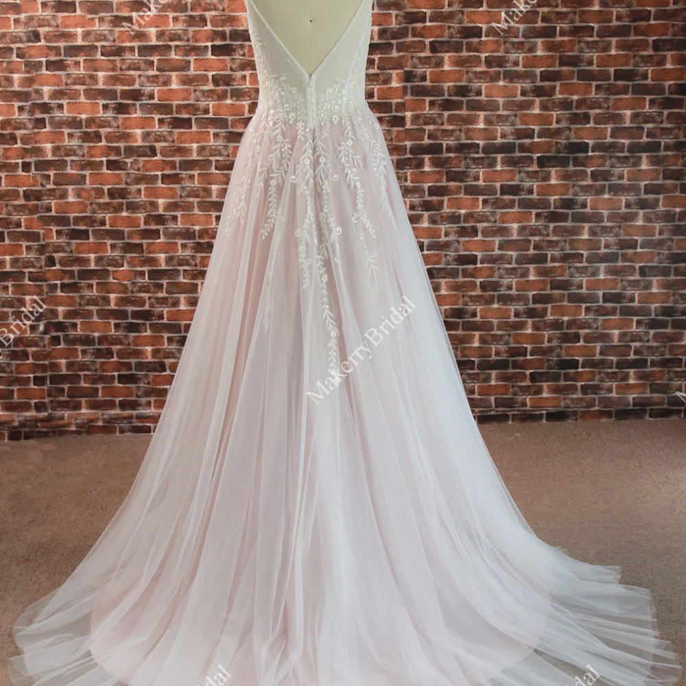 Beautiful Ethereal A-Line Wedding Dress with Spaghetti Straps