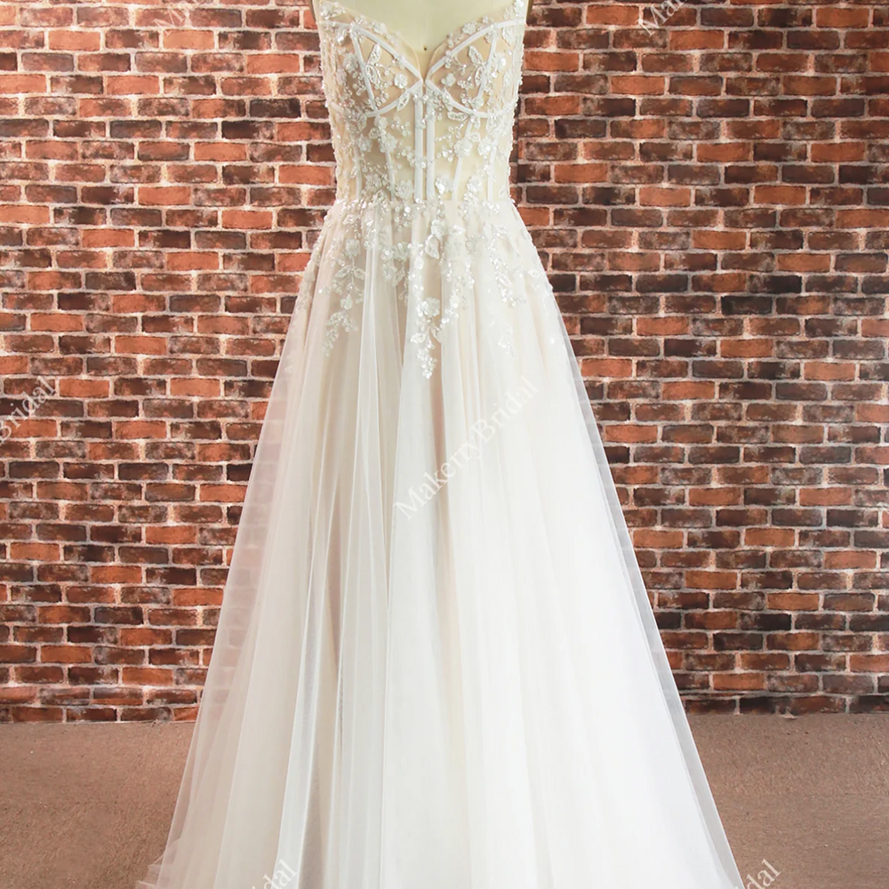 Boho See Through Lace Wedding Dress With 3D beaded Flowers