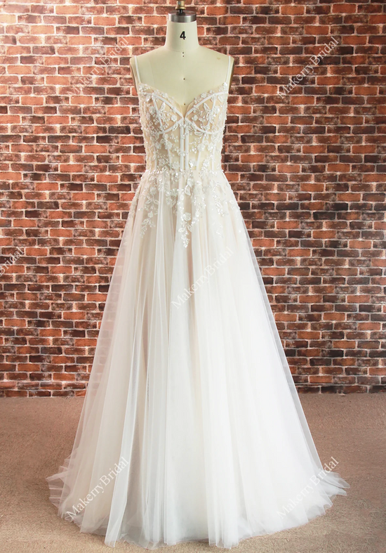 Boho See Through Lace Wedding Dress With 3D beaded Flowers