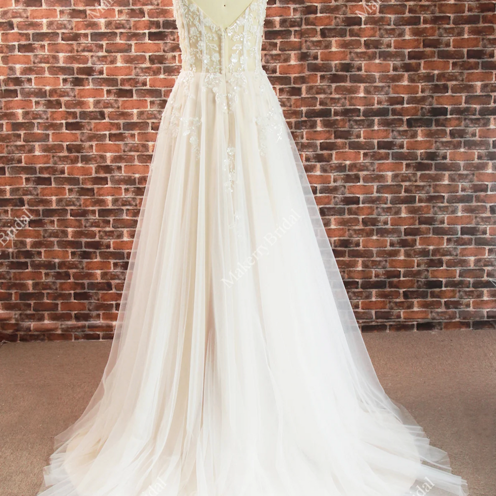 
                      
                        Boho See Through Lace Wedding Dress With 3D beaded Flowers
                      
                    