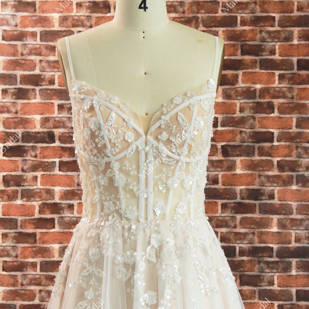 
                      
                        Boho See Through Lace Wedding Dress With 3D beaded Flowers
                      
                    